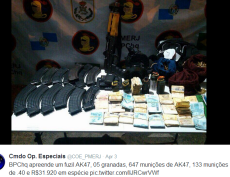 BOPE seized an AK47, 5 grenades, 647 AK47 rounds, 133 rounds of .40 ammunition and $R31,920 (about US$20,000)