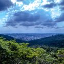 The view of the city of Belo Horizonte, its skyscrapers hidden within a lush valley of green trees, as a storm gathers overhead